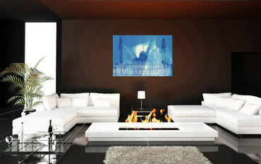 Ethereal neoclassical building with flowing blue veils acrylic print wall art